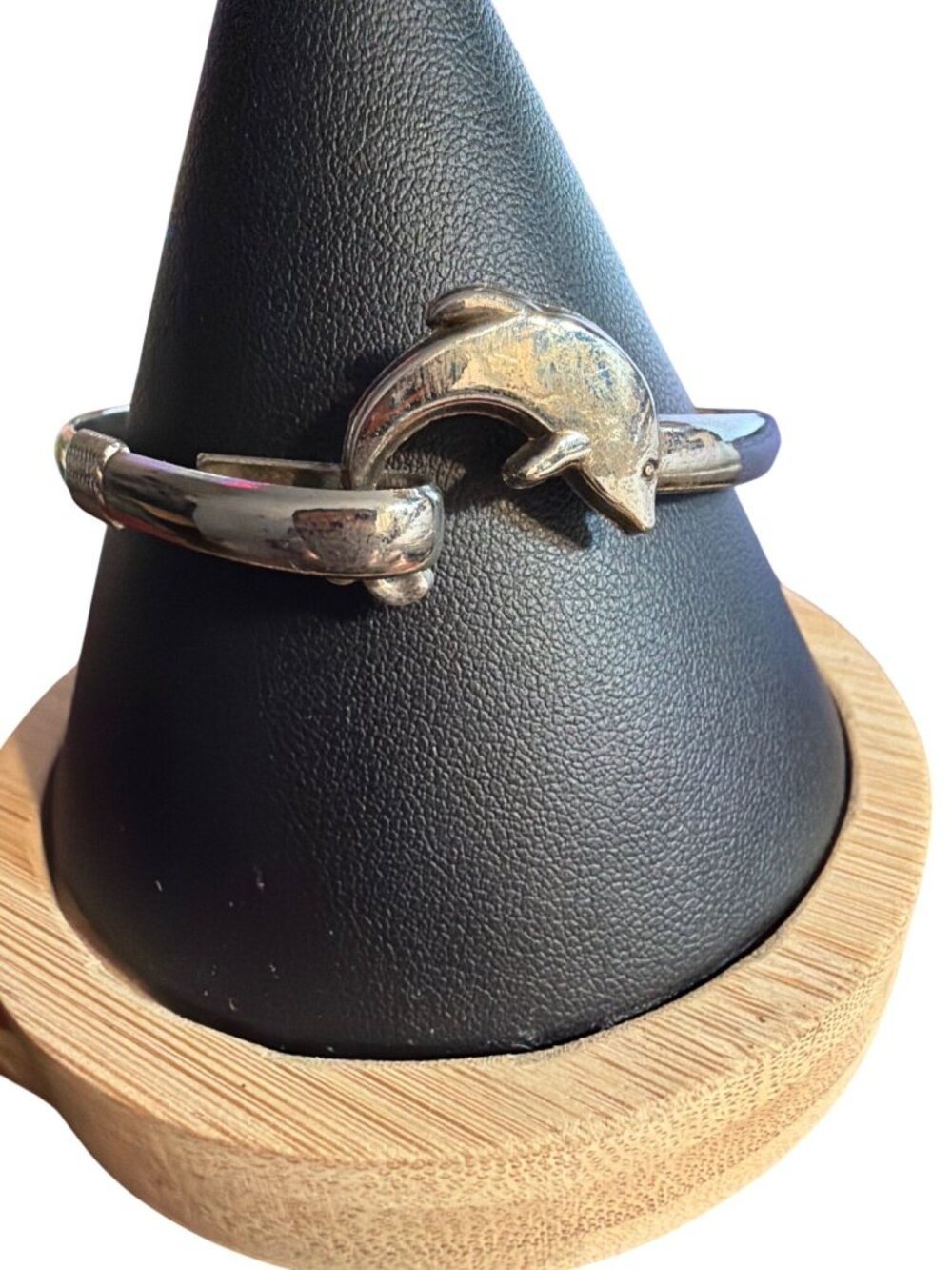 Silver Tone Dolphin Cuff Bracelet Polished Tail Hook Bangle Nautical Beach 7"